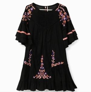 Free People Bohemian Black Dress with Purple And Pink Embroidery Size Small